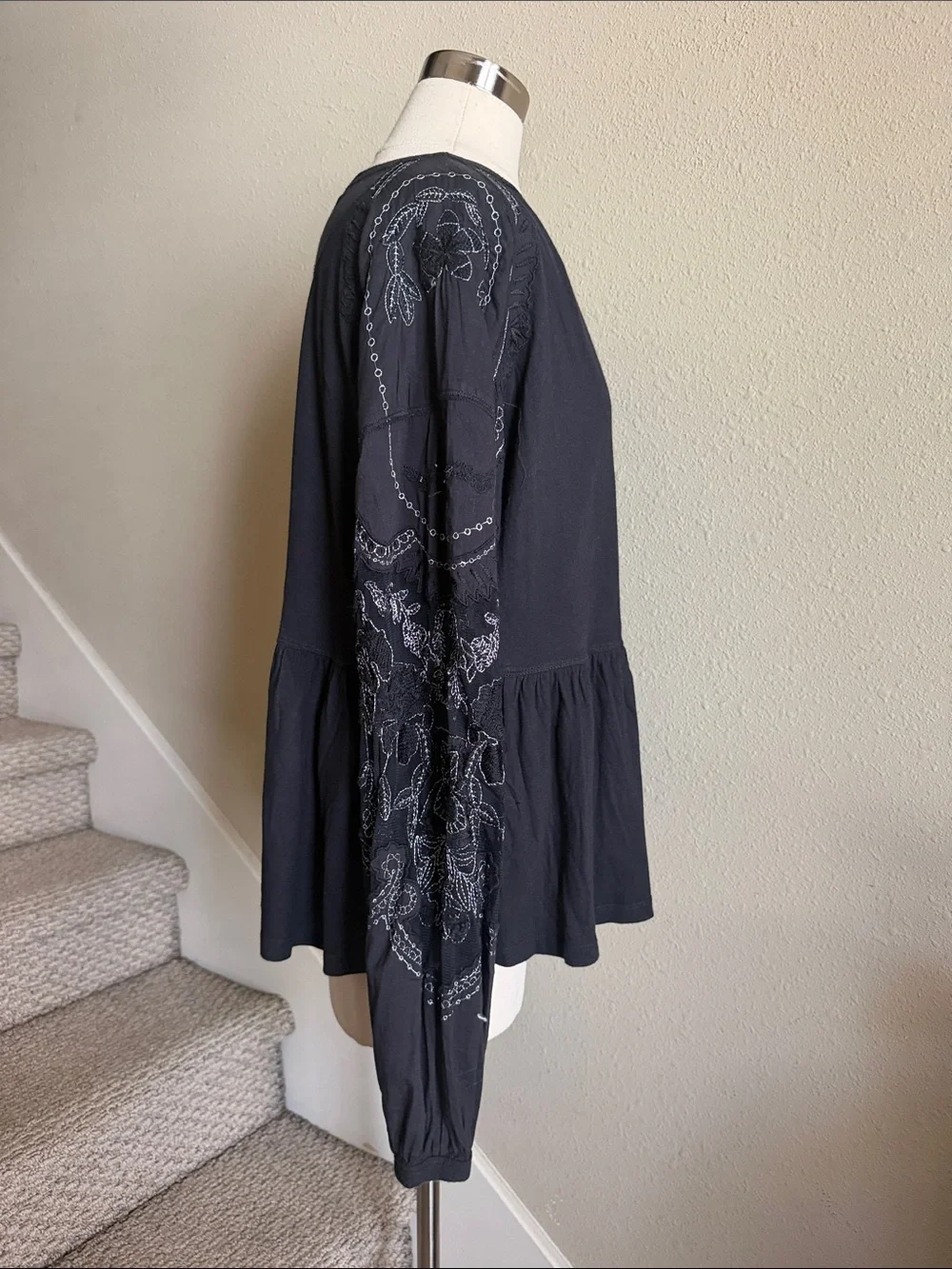Free People Sz L Black Penny Peplum Long-Sleeve Top with Embroidered Sleeves